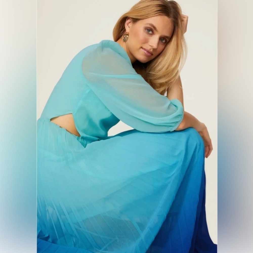 Rachel Roy Blue Fade Long Sleeve Dress With Curve Neckline Maxi Pleated Skirt - Picture 2 of 11